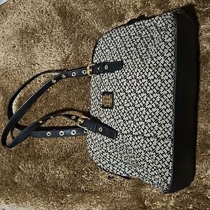 Tommy Hilfiger Signature Canvas Double Handle Satchel Purse Gold Black14x9x4 90s